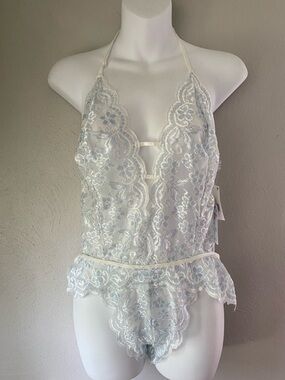 Sheer Lace Halter Teddy in Light Blue and White